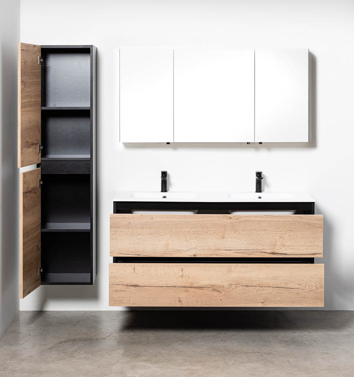 Meuble de salle de bains Dotan chêne suspendu avec lavabo double blanc mat 140cm