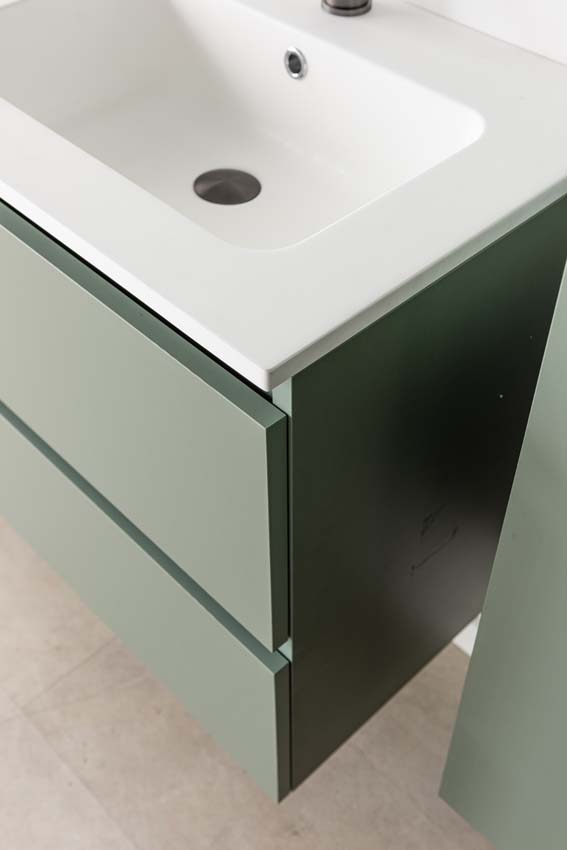 Meuble de salle de bain Dotan eucalyptus vert avec double lavabo blanc mat 120cm