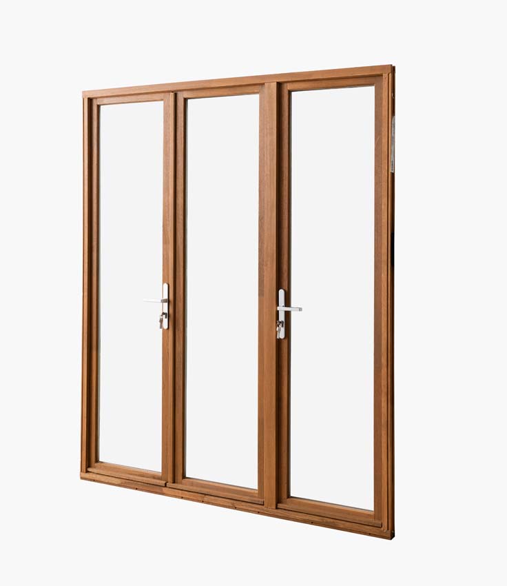 Houten terrasraam 3-vleugels Meranti Trae 55mm naturel 1800 x 2150 mm
