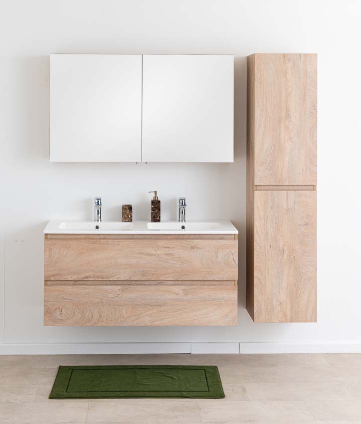 Meuble de salle de bain Tibo en chêne méditerranéen avec double lavabo blanc brillant 120cm