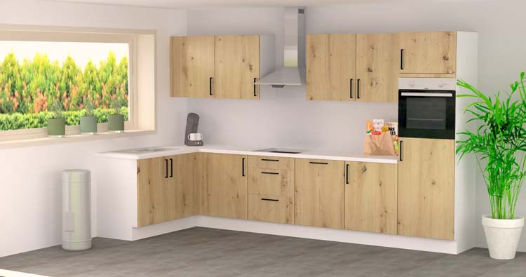 Cuisine d'angle Premium 16B aspect bois 365x185cm - pré-montée - sans