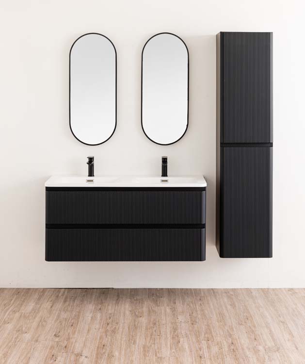 Meuble de salle de bains Julia noir mat suspendu avec lavabo double en marbre minéral blanc brillant 120cm