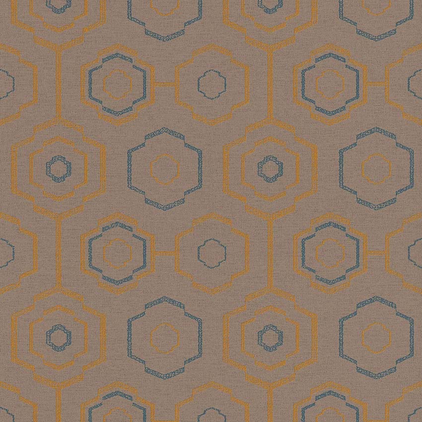 Vinyl op vliesbehang bloem oker/blauw/bruin 0,53x10m