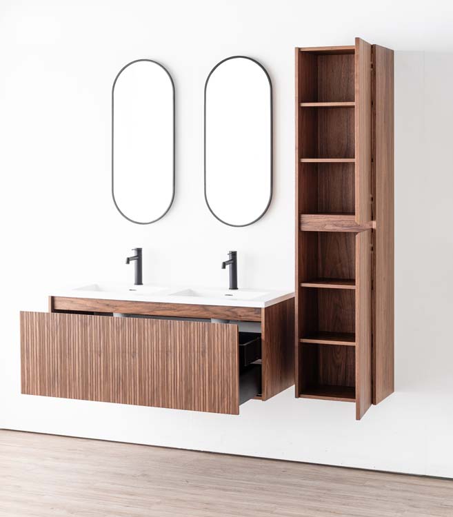 Meuble de salle de bains Warren noyer suspendu avec lavabo double blanc mat 120cm