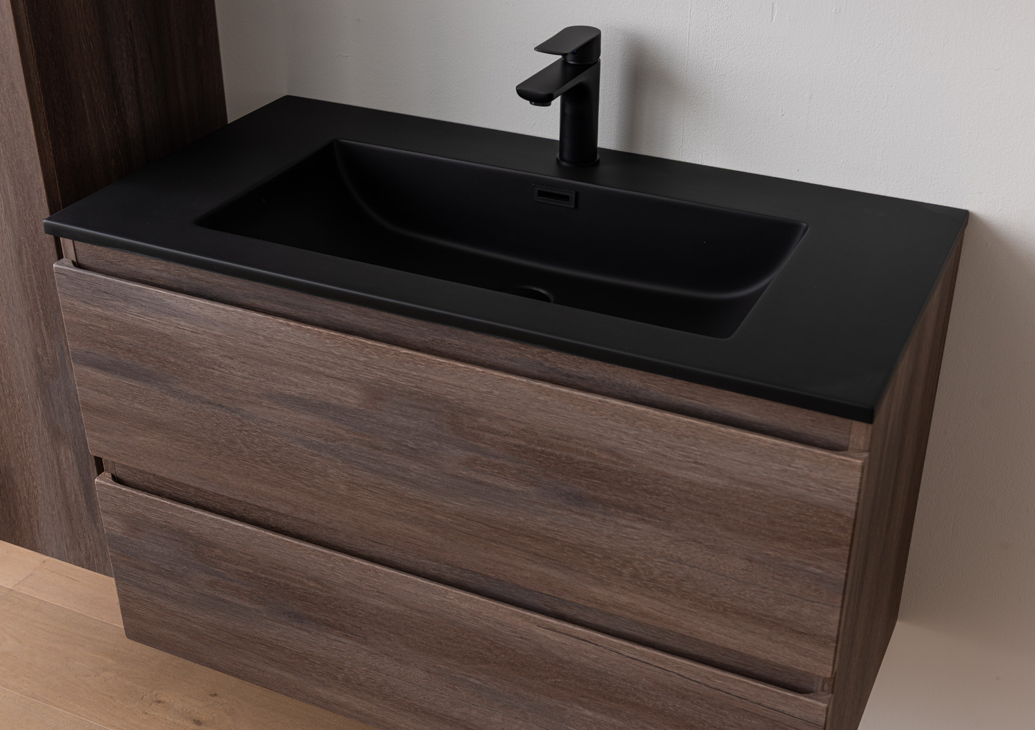 Meuble de salle de bains Tarik chêne ambré suspendu avec vasque simple noir mat 90cm