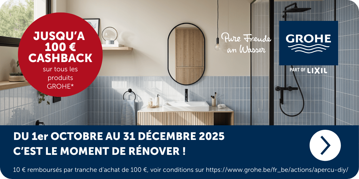 Bannière promotionnelle Grohe avec jusqu à 100 euros de cashback sur les produits Grohe