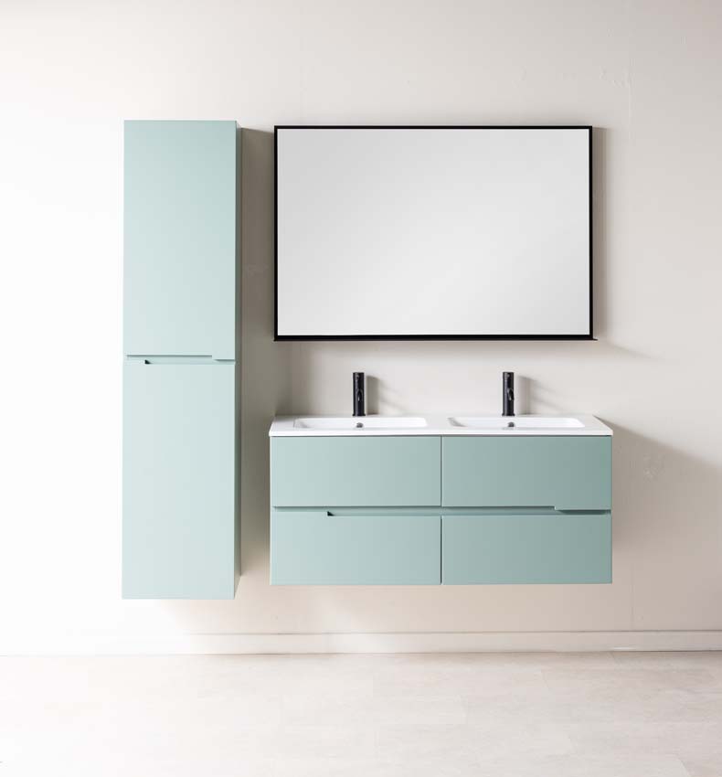 Meuble de salle de bains Truman vert gris suspendu avec lavabo double blanc brillant 120cm