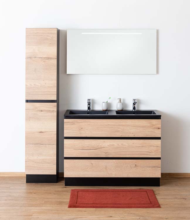 Badkamermeubel Dotan eik staand met dubbele wastafel mat zwart 120cm