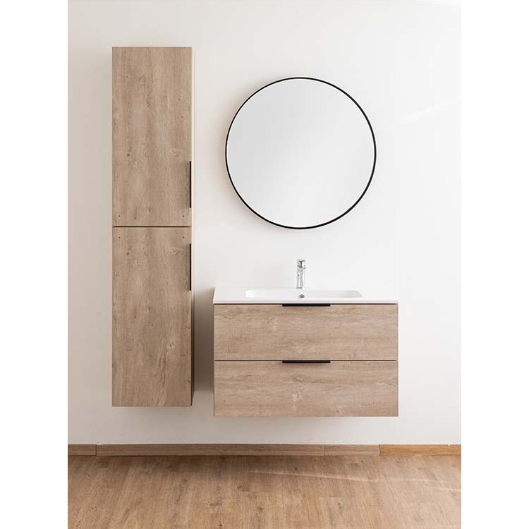 Badkamermeubel Plato eik betonlook hangend met enkele wastafel glanzend wit 90cm
