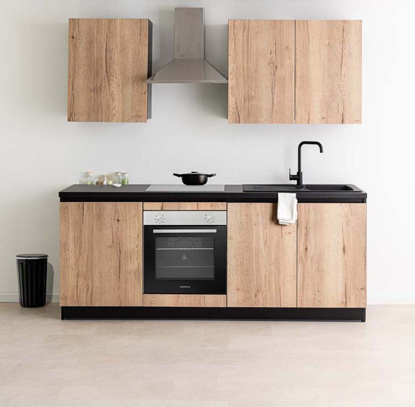 Keuken Plenti zwart/houtlook 220cm - met toestellen - vitrokeramische kookplaat en inox wanddampkap