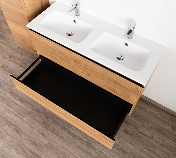 Meuble de salle de bains Daria chêne brun doré suspendu avec lavabo double blanc mat 120cm