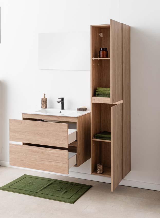 Meuble de salle de bains Bianca chêne suspendu avec lavabo simple blanc brillant 80cm