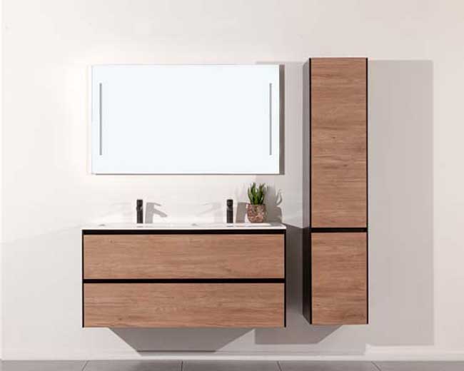Meuble de salle de bains Molly aspect bois suspendu avec lavabo double blanc mat 120cm