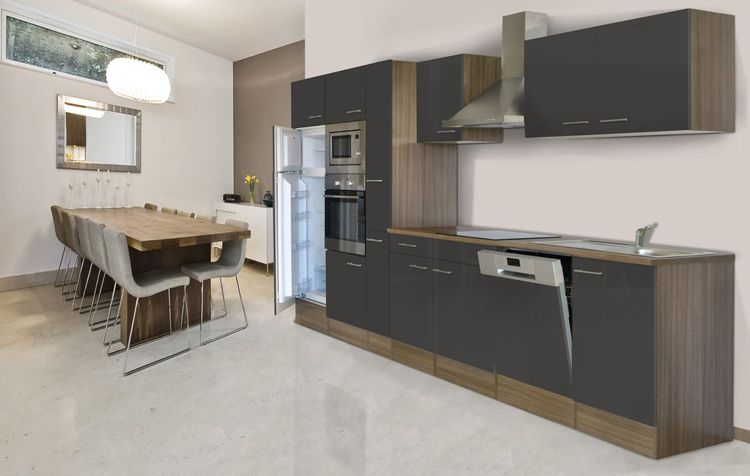 Keuken antraciet/eik donker 370cm - met toestellen - vitrokeramische kookplaat en inox wanddampkap