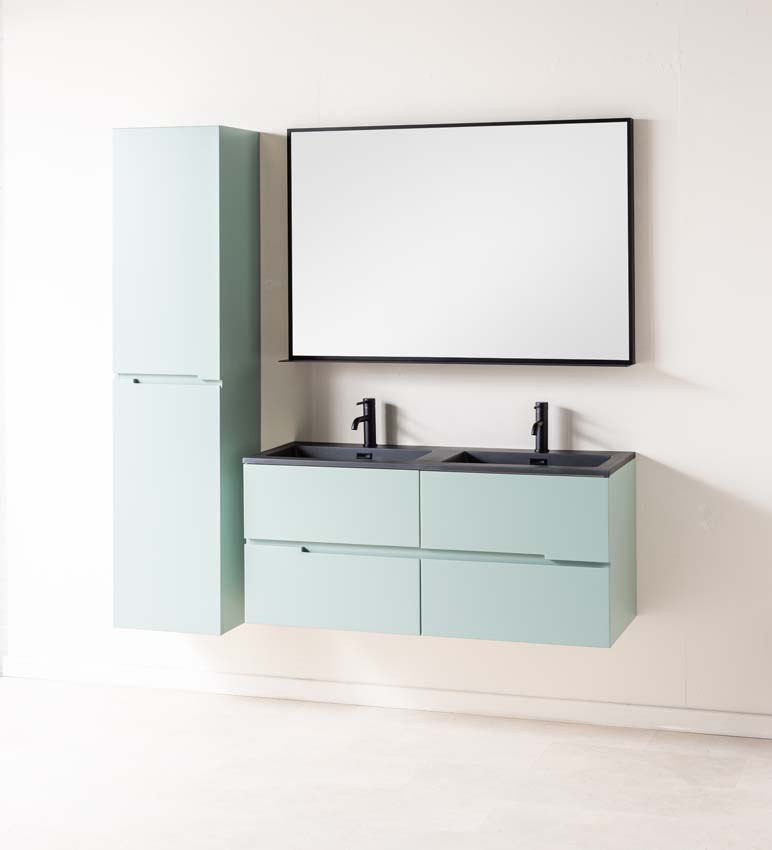 Meuble de salle de bains Truman vert gris suspendu avec lavabo double noir mat 120cm