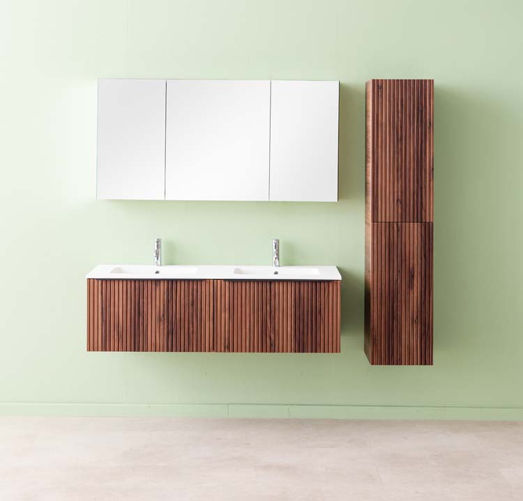 Meuble de salle de bains Soetkin noyer suspendu avec lavabo double blanc mat 140cm