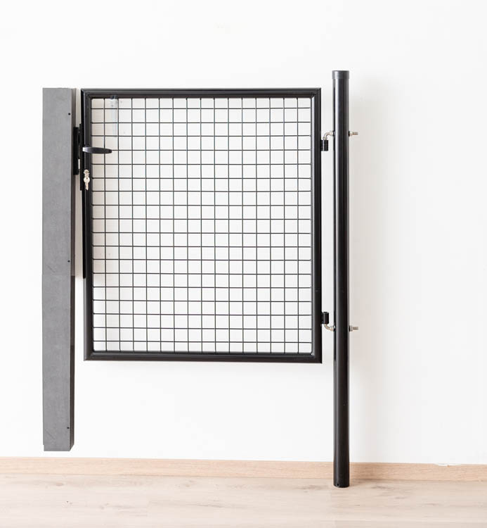 Portillon de jardin simple complet noir 100x100cm - poteaux ronds, poteaux, serrure et poignée inclus