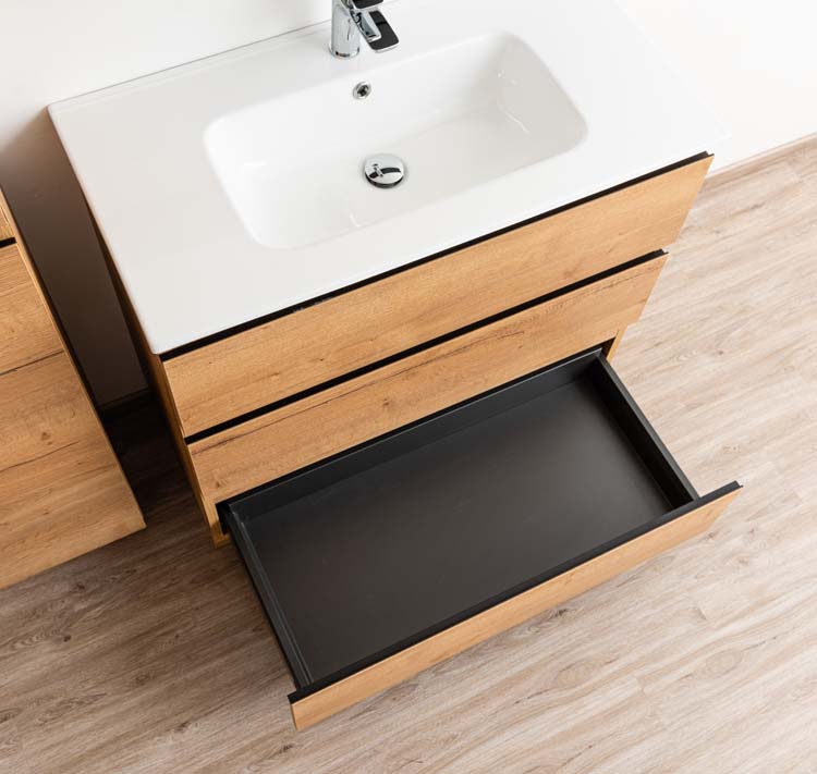 Meuble de salle de bain Daria chêne brun doré 900 mm sur pied lavabo porcelaine brillant