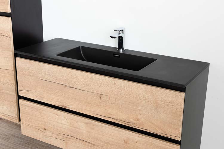 Meuble de salle de bains Dotan chêne suspendu avec lavabo simple noir mat 120cm