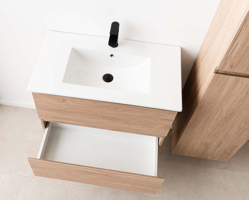 Meuble de salle de bains Bianca chêne suspendu avec lavabo simple blanc brillant 80cm