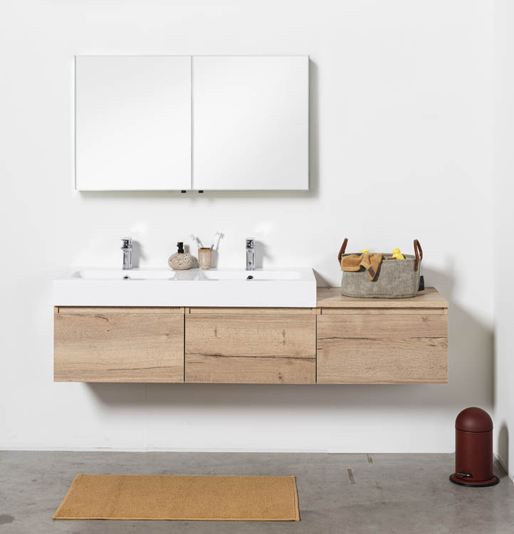 Meuble de salle de bains Domino aspect chêne suspendu avec lavabo double blanc brillant 180cm
