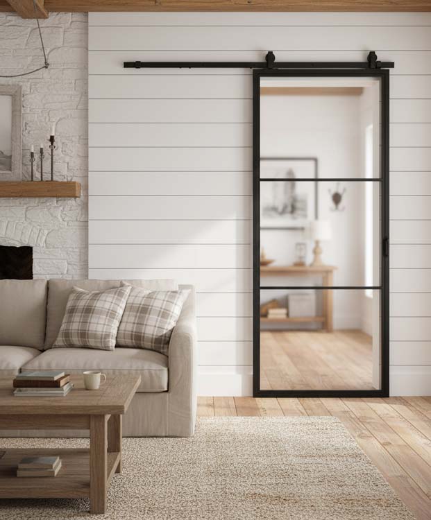 Porte coulissante simple en acier complète Tyra 3R sur mesure + rail noir