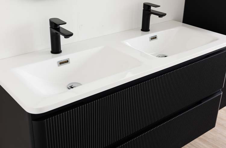 Meuble de salle de bains Julia noir mat suspendu avec lavabo double en marbre minéral blanc brillant 120cm