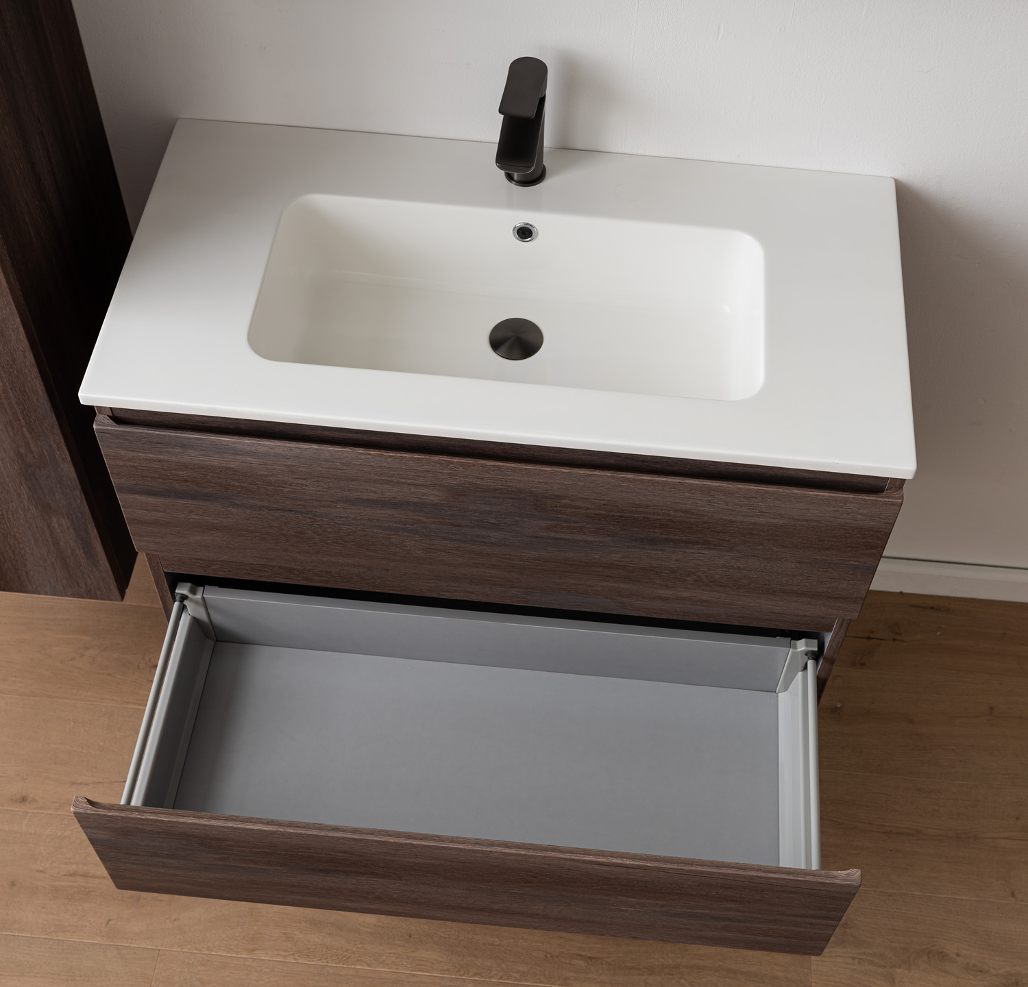 Meuble de salle de bains Tarik chêne ambré suspendu avec vasque simple blanc brillant 90cm