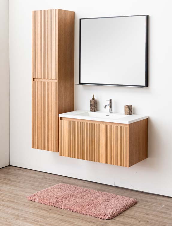 Meuble de salle de bains Warren afromosia suspendu avec lavabo simple blanc mat 90cm