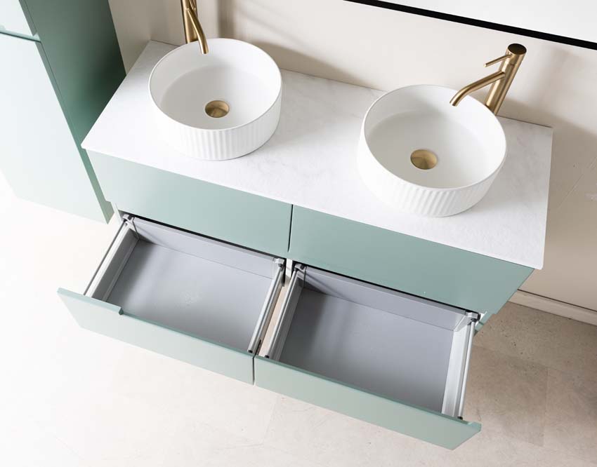 Meuble de salle de bains Truman vert gris suspendu avec double vasque à poser blanc mat 120cm