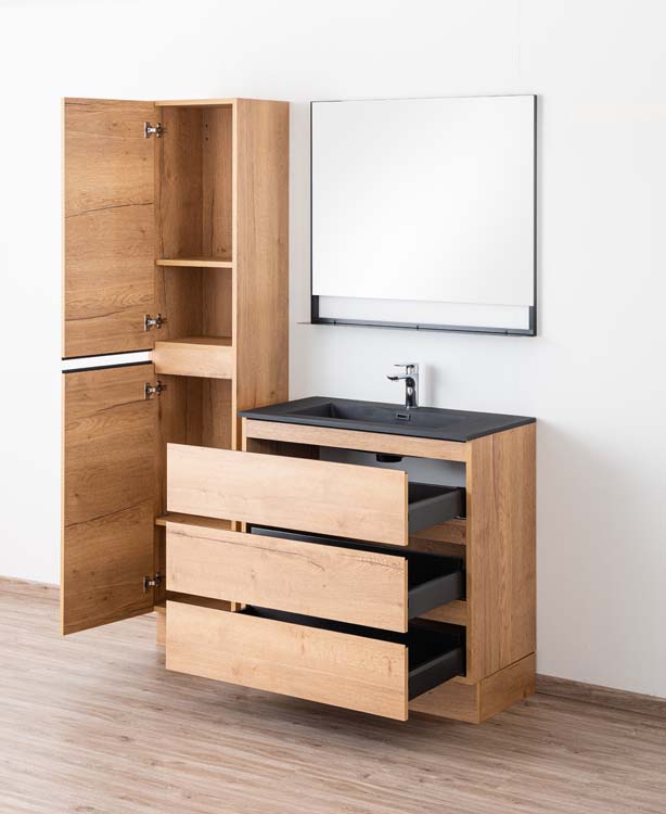 Badkamermeubel Daria eik goudbruin staand met enkele wastafel mat zwart 90cm