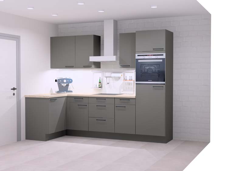 Cuisine d'angle Premium 12B anthracite 275x130cm - pré-montée - avec appareils - plaque de cuisson vitrocéramique et hotte murale en inox