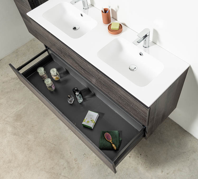Meuble de salle de bain Dotan chêne foncé 1400 mm 2 lavabo mat