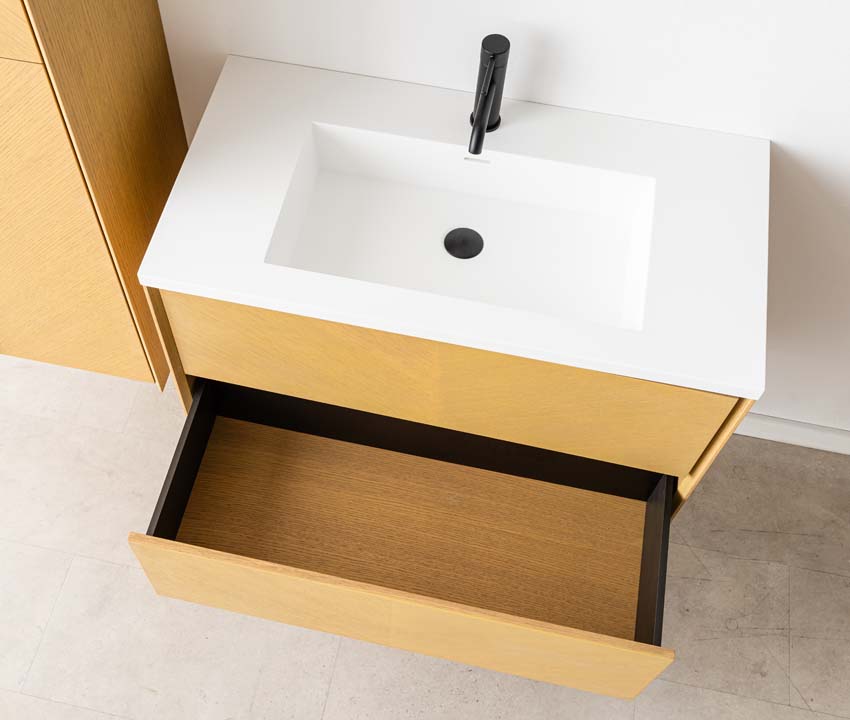 Meuble de salle de bains Waldorf chêne suspendu avec lavabo simple blanc mat 90cm
