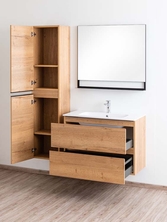 Meuble de salle de bains Daria chêne brun doré suspendu avec lavabo simple blanc brillant 90cm Meuble de salle de bains Daria chêne brun doré suspendu avec lavabo simple blanc brillant 90cm