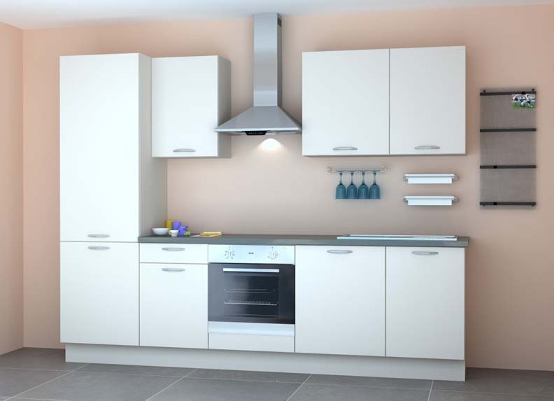 Cuisine Premium 4B blanche 280cm - pré-montée - avec appareils - plaque de cuisson vitrocéramique et hotte murale en inox