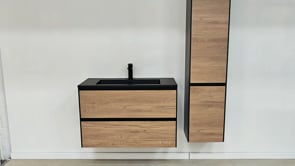 Meuble de salle de bains Molly chêne suspendu avec lavabo double noir mat 120cm Meuble de salle de bains Molly chêne suspendu avec lavabo double noir mat 120cm