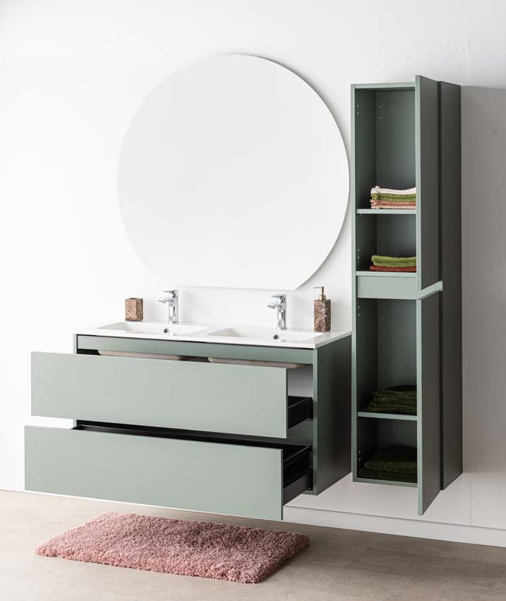 Meuble de salle de bain Dotan eucalyptus vert avec double lavabo blanc brillant 120cm