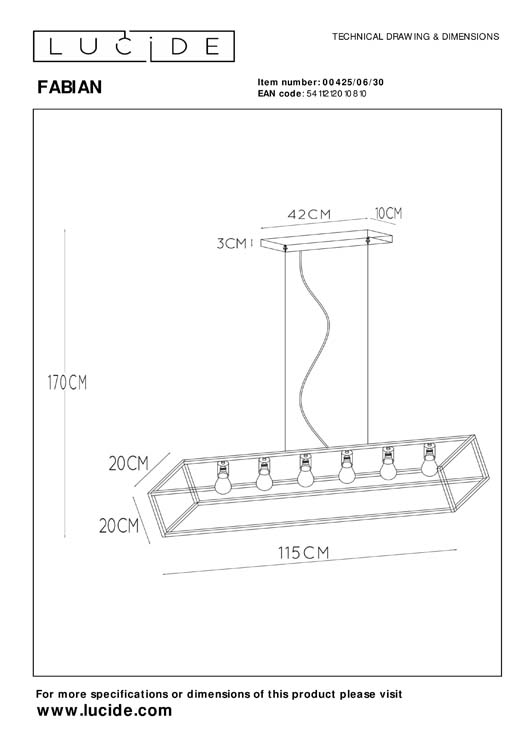 Lucide FABIAN - Hanglamp - 6xE27 - Zwart