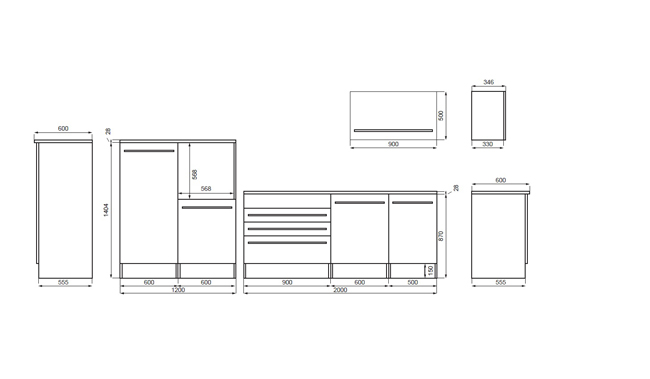 Keuken grijs/wit 320cm - met toestellen - vitrokeramische kookplaat en zwarte wanddampkap