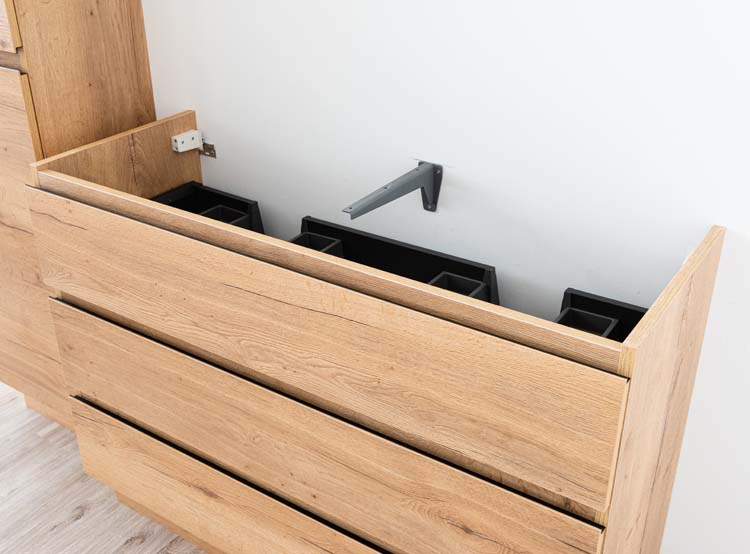 Meuble de salle de bain Daria chêne brun doré 1200 mm sur pied lavabo brillant gauche