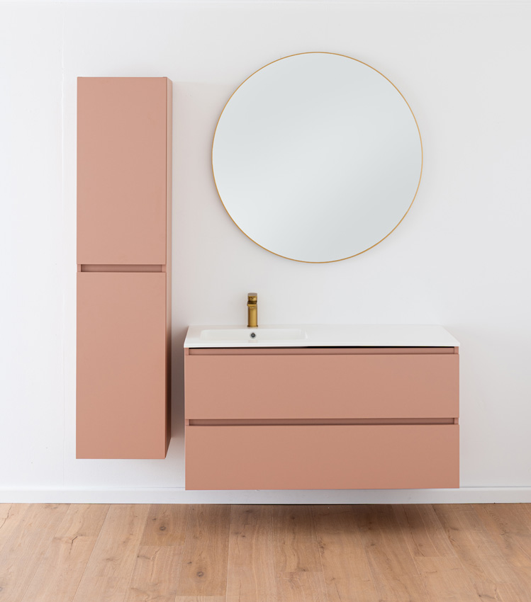 Meuble de salle de bains Dotan abricot suspendu avec lavabo simple gauche blanc brillant 120cm