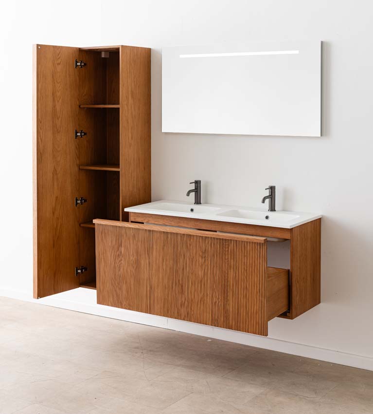 Badkamermeubel Fae eik hangend met dubbele wastafel mat wit 120cm