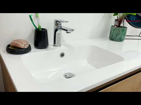 Meuble de salle de bains Daria chêne brun doré suspendu avec lavabo simple à gauche blanc brillant 120cm