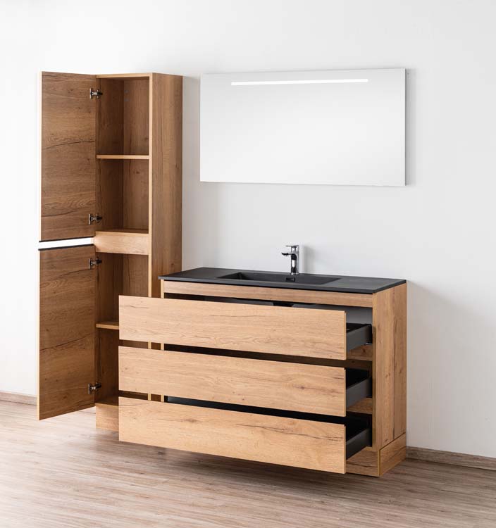 Badkamermeubel Daria eik goudbruin staand met enkele wastafel mat zwart 120cm Badkamermeubel Daria eik goudbruin staand met enkele wastafel mat zwart 120cm