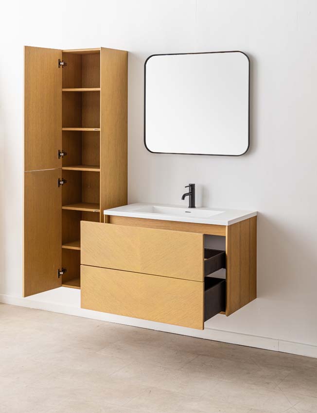 Meuble de salle de bains Waldorf chêne suspendu avec lavabo simple blanc mat 90cm