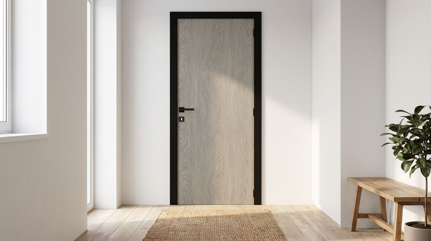 Porte intérieure complète Uran Grey Oak 201,5x63cm tubulaire réversible + châssis noir 16,5cm