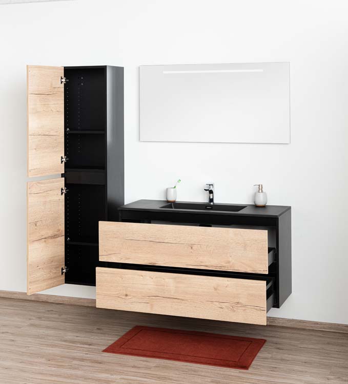 Meuble de salle de bains Dotan chêne suspendu avec lavabo simple noir mat 120cm