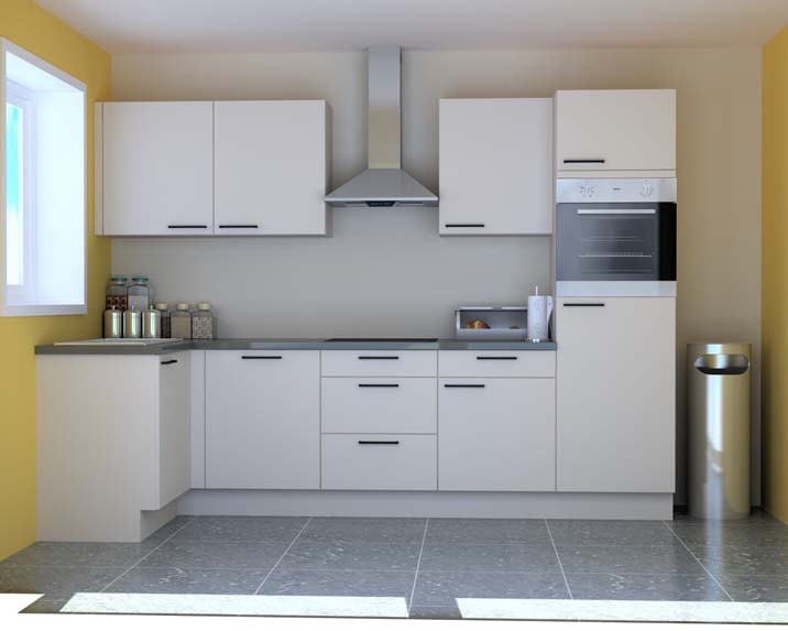 Cuisine d'angle Premium 15A blanche 350x130cm - pré-montée - avec appareils - plaque de cuisson vitrocéramique et hotte murale en inox