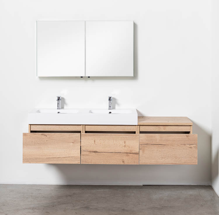 Meuble de salle de bains Domino aspect chêne suspendu avec lavabo double blanc brillant 180cm
